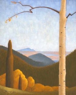 Painting of a birch tree in the foreground with rolling hills, mountains, and autumn trees in the background.