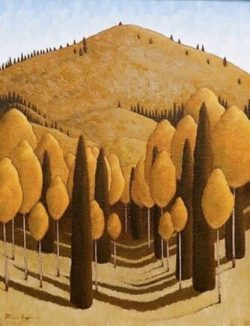 Painting of a hill with rows of golden trees and tall dark cypress trees casting shadows in the foreground.