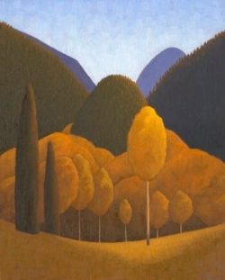 Landscape painting of rolling hills, yellow-orange trees, green cypress trees, and blue mountains under a light blue sky.
