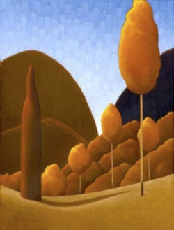 Stylized landscape with rounded hills and tall, yellow-orange trees under a clear blue sky.
