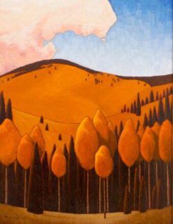 A stylized landscape painting of golden trees and rolling hills under a blue sky with pink clouds.