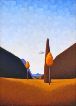 Landscape with two stylized trees, hills on each side, distant mountains, and a single cloud in a blue sky.