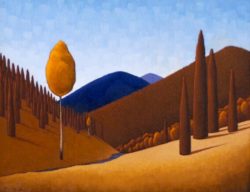 Painting of a golden tree and tall, brown cypress trees on rolling hills with blue mountains in the background.