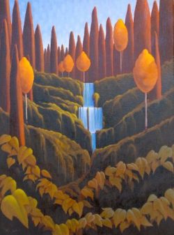 Painting of a stylized forest with orange trees, green bushes, and a cascading waterfall under a blue sky.