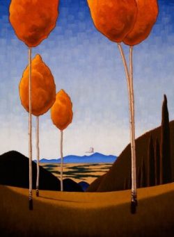 Four tall, slender trees with orange foliage stand in a stylized landscape with hills and a blue sky in the background.