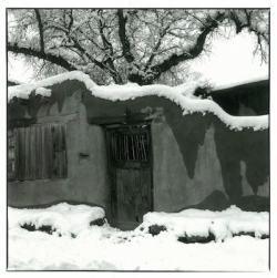 Snow covers the roof and ground around an adobe building with a wooden door and boarded window; tree branches overhead.