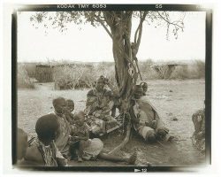 A group of people sit and rest under a tree in a rural outdoor setting, with huts and dry bushes in the background.