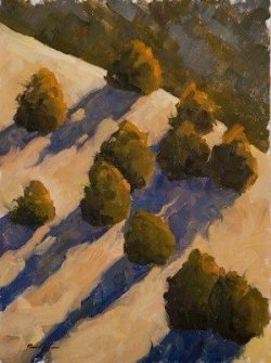 Painting of a snowy hillside with scattered trees casting long blue shadows in sunlight.