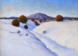 Snow-covered hills with sparse trees and a distant mountain under a blue sky with scattered clouds.