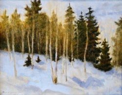 Painting of a snowy landscape with scattered evergreen trees and a cloudy sky in the background.