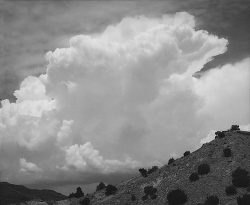 Large cumulus cloud rises above a hilly landscape with scattered shrubs, in a black and white photo.