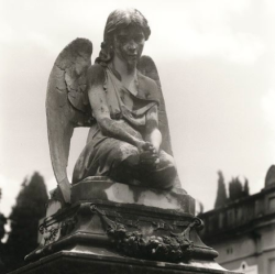 Weathered stone angel statue sits atop a grave monument in an outdoor cemetery setting.