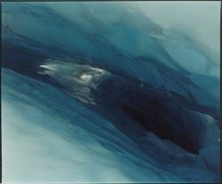 Abstract painting with layered shades of blue and black, creating a sense of depth and fluid, wave-like movement.