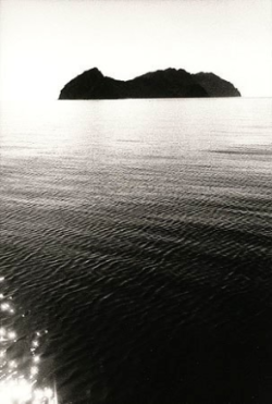 Black and white photo of a small island on a calm sea with rippling water and glinting sunlight in the foreground.