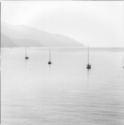 Four sailboats are anchored on calm water, with misty mountains in the background under a clear sky.